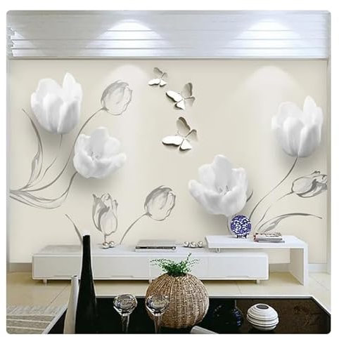 kfjhgbdshhj Papier peint mural moderne 3D stéréo tulipe papillon fleurs peinture murale mode salon décor à la maison papiers peints pour 3 D*150cmx105cm(59.1x41.3inch)