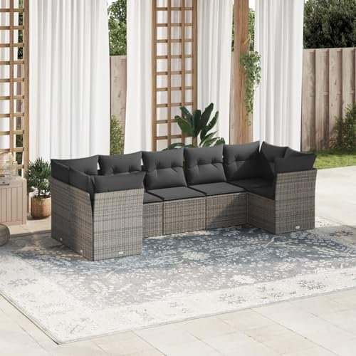 Buzaza 7-TLG. Garten-Sofagarnitur mit Kissen Gartengarnitur Set Lounge MöBel Outdoor LoungemöBel Balkon Grau Poly Rattan - 3218120