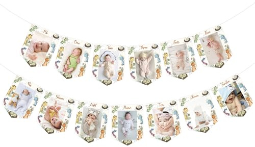 CORNER LACE Dragon 1st Birthday Decorations Boys from Newborn to 12 Months, Happy 1st Birthday Photo Banner, Monthly Milestone Photograph Bunting Garland, Dragon Theme Birthday Party Supplies