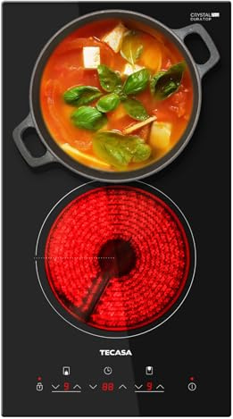 12 Inch 2 Burners Electric Cooktop, TECASA 3000W Radiant Electric Hob with 9 Power Levels, Built-in Ceramic Stove Top with Child Lock, Timer, Residual Heat Indicator, Hard Wire (No Plug)