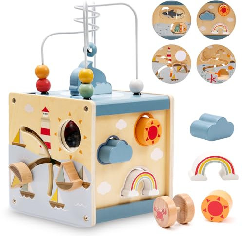 Zaxiva Motorikwürfel ab 1 Jahr, Montessori Spielzeug aus Holz, 6 in 1 Activity Würfel Baby, geeignet als kreatives Motorikspielzeug für Kinder, Holzspielzeug Geschenk für Jungen und Mädchen