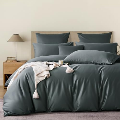 YASMENG Ropa de cama de 155 x 220 cm mako satinado gris oscuro 100 % algodón, satén, ropa de cama de lujo, suave, sedosa, transpirable, 3 piezas con cremallera y 2 fundas de almohada de 80 x 80