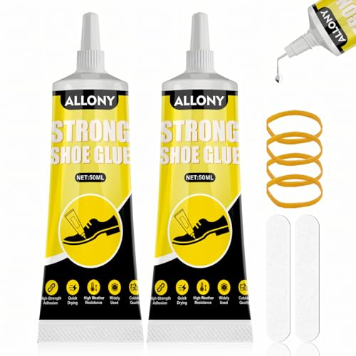 Allony Schuhkleber Extra Stark Wasserfest, Schuhsohlenkleber, Shoe Glue, Schuhreparatur Set mit 4 Gummibänder, 2 Polierscheiben zur Reparatur Abgenutzter Schuhe, Turnschuhe, Sohle und Oberteil, 50ml*2