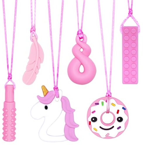 CLDY Lot de 6 Colliers Sensoriels à Mâcher pour Enfants Autistes/TDAH/Adultes - Pendentifs en Silicone Sans BPA (Costume de licorne rose) - Collier Anti-Stress Enfant 3-11 Ans - Mastication
