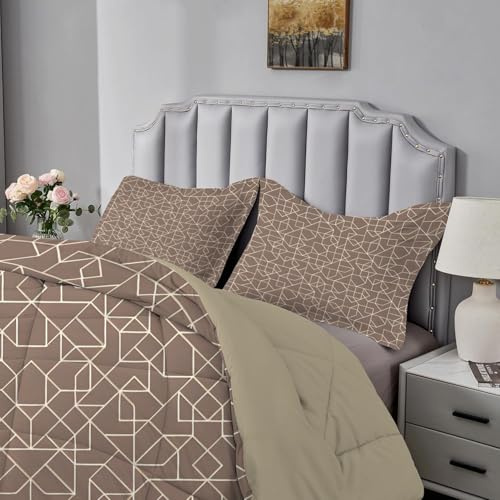 Qiwagu Couette Imprimée Géométrique 240x260 pour 2 Personnes, 4 Saisons 200GSM Légère et Chaude, Couette Marron Réversible Lavable avec 2 Taies d'Oreiller, A751
