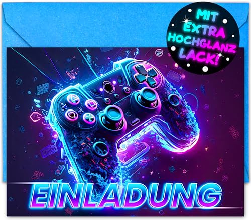 VULAVA 12x Gaming EINLADUNGSKARTEN KINDERGEBURTSTAG Junge Mädchen + 12x Umschläge - die Gamer PARTY Karten sind die Gamer EINLADUNG für Jungen Mädchen Kinder GEBURTSTAG Einladung VIDEOSPIEL ZOCKEN