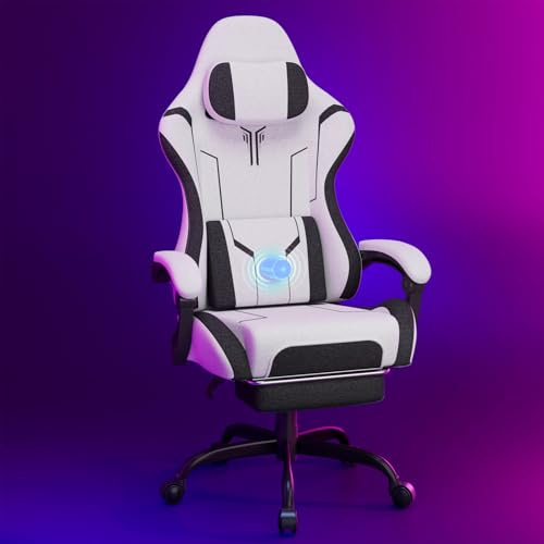 Soontrans Silla Gaming con Masaje Lumbar Silla Gamer con Reposapiés Retráctil y Cojín Sillas Gaming Respaldos Inclinables hasta 135 Grados Capacidad de Carga de 150 kg (Blanco)