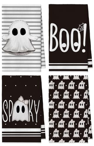 Artoid Mode Streifen Geist Boo Halloween 42x65 cm 4er Set Geschirrtücher | Saisonal Schleife Spooky Polyester Küchentücher Handtücher Küche Dekor