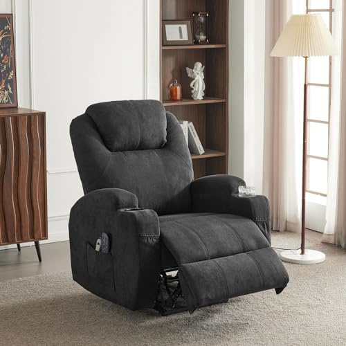 Bonnlo Recliner Chair Armchair For the Elderly, Electric Recliner Armchairs with Message & Heat, Fabric Recliner Sofa with side packet & 2 cup holders, Remote Control for Living Room, Black