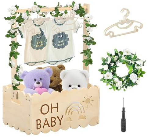 Cestino Per Neonati In Legno, Scatola Di Legno Per Baby Shower Mobiletto In Legno Per Baby Shower Cesto Per Neonato Con Rosa E 5 Grucce Regalo Personalizzato Per Neonato Per Baby Shower