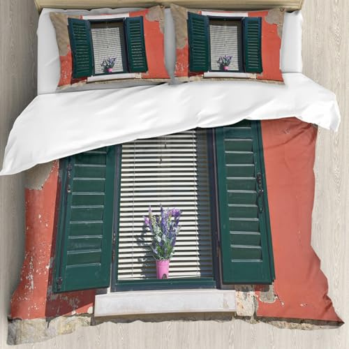 MJNLYDAO Sleeptime 100% Baumwolle Bettwäsche - Bettbezüge mit Reißverschluss - Set mit 2 Kissenbezüge,Fensterläden Dekor, Alten italienischen Stein mit mittelalterlichen Fensterläden u,178x208 cm