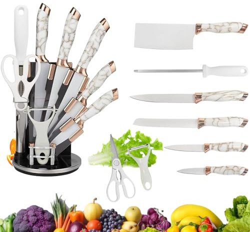 Tatqilo Kitchen Knife Set - 9 Piece Knife Set with Knife Block, Sharp Stainless Steel Kitchen Knives, Bread Knife, White Kitchen Knives for Cutting Vegetables/Meat/Fruit