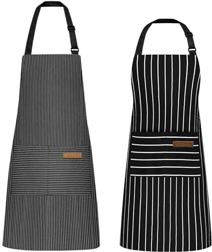 Hwtcjx 2 Piezas Delantal Antiincrustante y Ajustable, Delantal de Cocina, Rayas Mandiles con Bolsillos para Cocinar y Hornear para Mujeres, Hombre y Pareja (Negro Rayas Gruesas y Finas)