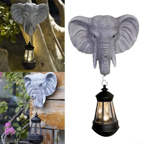 EXTRWORY Statue de jardin en forme d'éléphant solaire avec lumière LED - Sculpture extérieure en résine - Décoration de terrasse - Gris - 32 cm