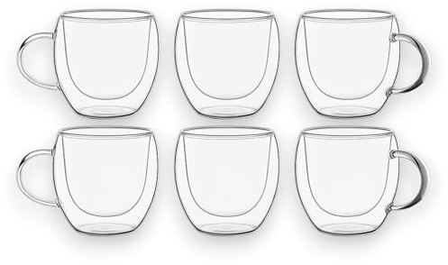 KORAT Set da 6 Tazzine in Vetro Borosilicato da 80 ml Design Elegante a Doppia Parete per Espresso, Cappuccino e Caffè Gourmet Resistente al Calore, Leggero e Anti-Condensa