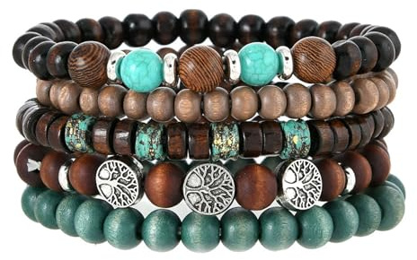 Alwodici 5pcs Boho Beaded Bracelets Multi Layer Stackable Wooden Bead Bracelet Elastic Life Tree Vintage Bracelet Minimalist Bead Wrist Gift For Men Women To Wear Bracelets On A Daily Basis (A)