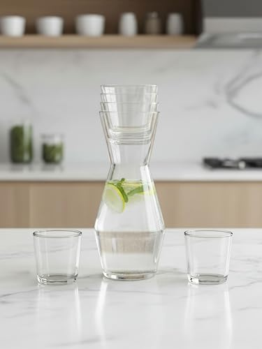 Jarra de agua universal de 800 ml, juego de 4 vasos – jarrón de cristal, vasos para velas de té, jarrón transparente para salón, hogar, oficina o boda – Jarra de cristal, práctica jarra de cristal
