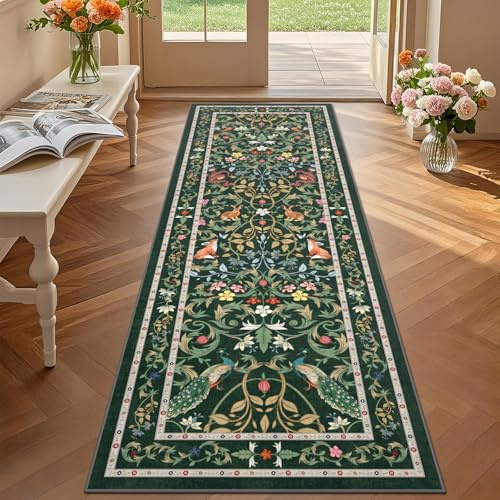 TUKDAK Teppich Läufer Flur rutschfest 60x180cm, Grün Waschbar Tiere Teppichläufer Flur, Boho Wald Küchenläufer, Kurzflor Küchenteppich, Flurteppich Läufer Lang Wohnzimmer Schlafzimmer Korridor