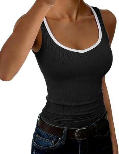 Aottori Canotta Donna Scollo a V Estiva Canottiera Costine Lunga Contrasto | Viscosa morbida ed elasticizzata, scollo a V, coste con bordi a contrasto, slim fit per ufficio e tempo libero