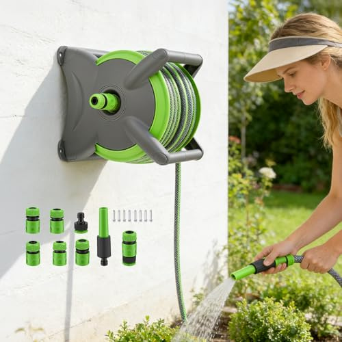 20m Wall Mounted Hose Reel, Freestanding & Wall Mounted Garden Hose Reel | UV50+ & Antifreeze Hose Pipe, 3/4 & 1/2 Inch Connectors, 7 Spray Patterns, Complete with Nozzle & Fittings for General Use
