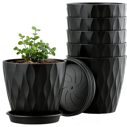 Gobesty 6 vasi da fiori da 10 cm, in plastica di alta qualità con motivo a nido d'ape, con sottovaso e fori di drenaggio, piccoli vasi da fiori per esterni e interni, colore nero/bianco (nero)