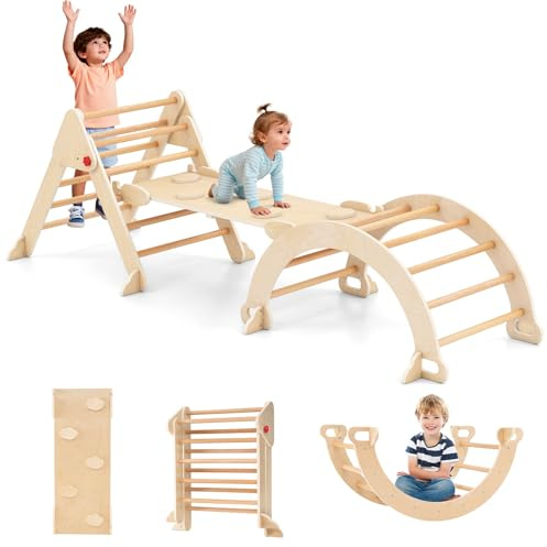 DREAMADE 6 en 1 Triangle Arche d'escalade Montessori en Bois, Jeux d'escalade Pliable pour Enfants, Parcours Motricité Bébé avec Rampe & Échelle, Charge Max. 50kg