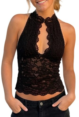 Betrodi Women Keyhole Lace Top Mock Neck Sexy Cutout Sheer Tank Top See Through Sleeveless Going Out Tops (Lined Black, M)