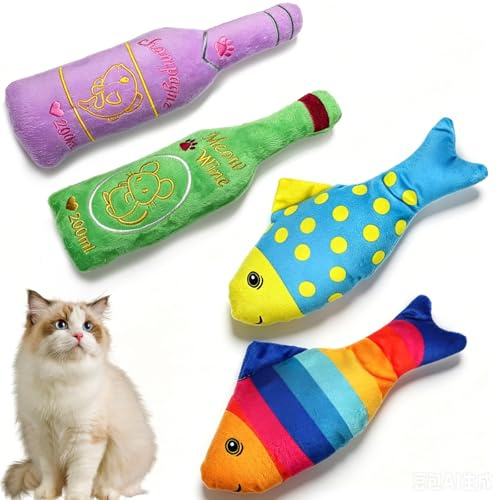 Bestwist Lot de 4 jouets pour chat en peluche douce avec herbe à chat et rembourrage en coton PP, coussin interactif crépitant menthe (2 poissons + 2 jouets bouteille de bière)