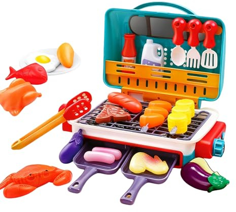 Kids BBQ Grill Toys Set, Kids Pretend Kitchen Role Play Set, Kitchen Toy Set with Spray Sound & Color-Changing Food 30+ PCS Play Kitchen Accessories,Simulation Camping Cooking Interactive Toys (Pink)