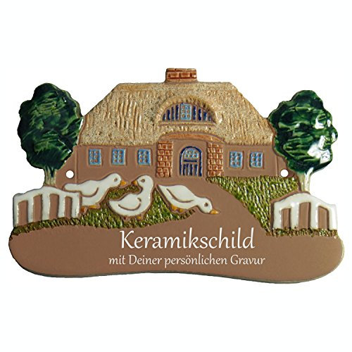 Handarbeit aus Schleswig-Holstein Keramikschild 20,5 x 12,5 cm Motiv DREI Gänse vor einem Haus (braun)