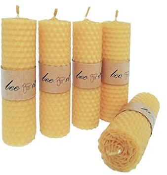 BeeIT - Confezione di 5 Candele in Pura Cera d'Api, a Nido d'Ape Arrotolate a Mano, Colonna Naturale