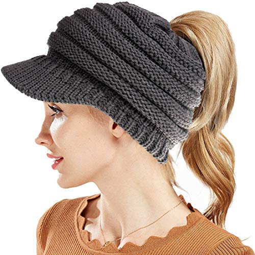 Simoda Damen Wintermütze Beanie Mütze Winter Strickmütze Schirmmütze Hüte Mützen Caps Gestrickte Baseballmütze Pferdeschwanz Mütze mit Zöpfen Loch (Dark Gray)
