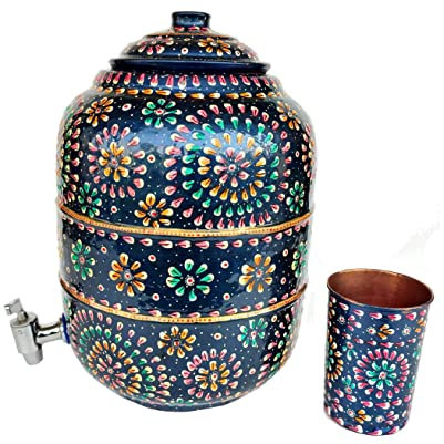 Rastogi Handicrafts - Vaso per Acqua in Puro Rame martellato, capacità 6,5 Litri, Impermeabile, Dipinto a Mano con Bicchiere Incluso