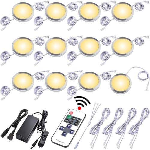 Lvyinyin Slim Under Cabinet LED Puck Lights, 110V Wired Ambiance Lighting, Plug-in & Direct Hardwired, Daisy Chained linkable, Wireless RF Remote Dimmable, White Cables, Warm White, 12 Lights