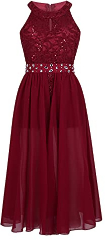 TiaoBug Robe Princesse Enfant Fille Dentelle Robe Soirée à Strass Asymétrie Robes Mariage Cérémonie Cocktail Robes Demoiselle d'honneur Danse Carnaval E Bordeaux 14 Ans