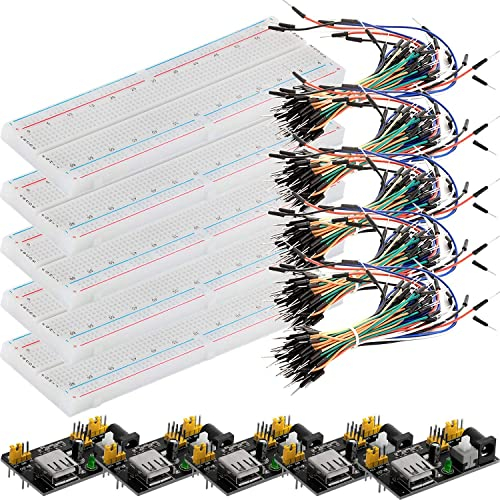 AZDelivery 5 x Compatbile with MB-102 Breadboard Kit - 830 Tie Plug-in Prototype PCB Board, Power Supply Module 3.3V 5V 700mA Adapter, 65 PCS Jumper Wire Set compatible with Arduino Including E-Book!