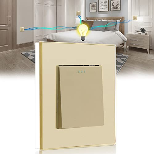 BSEED Interruptor de luz 1 Gang 3 Vías,Interruptor conmutador con marco de cristal,10 Amp Oro Interruptor de luz de botón pulsador,Interruptor de palanca 86mm