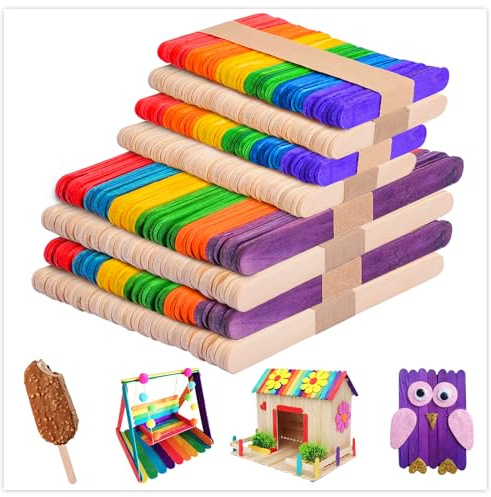 UCEC 400 Stück Eisstiele Zum Basteln, Eisstäbchen Holz Bunt in 2 Größen, Bunte Eisstäbchen und Holzstäbchen für DIY, Handwerk, Schule, Party & Dekoration