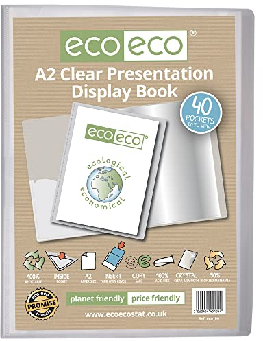 eco-eco Eco104 - Cartella portadocumenti in plastica riciclata, formato A2, 50%, 40 tasche, trasparente