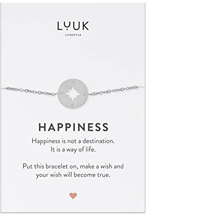 LUUK LIFESTYLE Moderne Edelstahl Damen Armbänder mit Anhänger, HAPPINESS Spruchkarte, filigraner Damenschmuck, Geschenkidee, Glücksbringer, Gold, Silber und Roségold