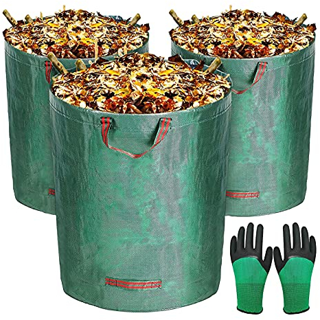 JLCP 120L/272L/300L Große Gartenabfallsäcke Mit Griffen, 3Er Set Wiederverwendbaren Und Faltbar Gartensäcke,Polypropylen-Gewebe (PP) Reißfester Laubsäcke Mit 1 Paar Gartenhandschuhen,Grün,120L