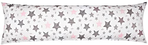 Renforcé Seitenschläferkissen Bezug 40x145cm Sterne mit kreisen (KY-610-1) | Weiß, Rosa, Schwarz - 100% Baumwolle, Bezug, Kissenhülle, Reißverschluss