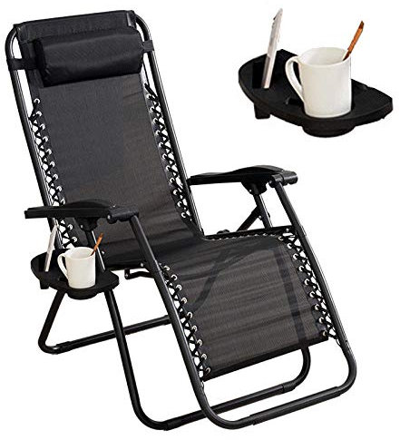 MXXHFC Klappbarer Gartenstuhl Klappliege Sonnenliege Gartenstühle mit Getränke- und Telefonhalter Deck Faltbarer Ruhesessel Zero Gravity Outdoor Chair Garden Fashion Chair - Schwarz