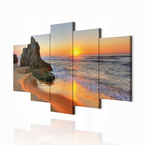 decomonkey Wandbilder Strand Meer 150x75 cm 5 Teilig Leinwandbilder | Bild auf Leinwand, Kunstdruck, Wanddeko, Wohnzimmer, Wanddekoration, Landschaft, Sonnenuntergang