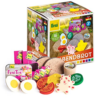 Erzi 28142 Sortierung Abendbrot aus Holz, Kaufladenartikel für Kinder, Rollenspiele