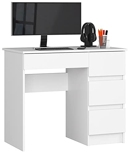 AKORD | Escritorio A-7 | 4 Cajones | Oficina y Casa | PC portátil | 50x90x77 cm | Blanco/Blanco