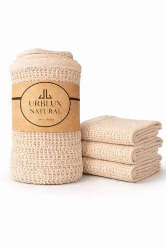 URBLUX Hemp Exfoliating Washcloth (3 Pack), Dual-Sided Body Scrub Cloth, Natural Exfoliating Cloth for Face & Body, Bath Sponge Alternative, Fast Drying, 12x12 Inch