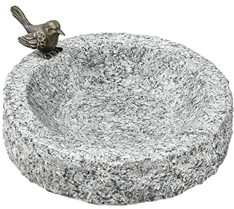 Dehner Vogeltränke rund, mit Bronze-Vogel, frostbeständig, Ø 30 cm, Höhe 7 cm, Granit, grau