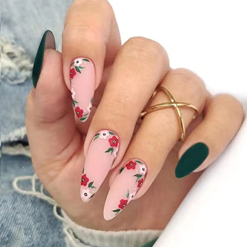 Ceboic 24 Stück Mandel Nägel Zum Aufkleben Mittel, Grün Blumen French Künstliche Nägel, Wiederverwendbare Ballerina Stiletto Falsche Nägel Acryl Fingernägel Fake Nails Kit für Frauen und Mädchen