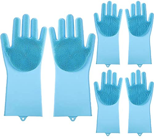 BAMFY 3 Pairs Silicone Dishwashing Gloves Reusable Sponge Cleaning Brush Kitchen Rubber Gloves for Dishes Housework Cars Washing Up Gloves (Color : Blue A, Size : 120g)